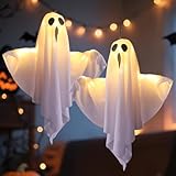 Halloween Deko Geist, 2 Stück Halloween Deko Outdoor, 50cm Geister Dekos mit Lichterkette, Gespenster Dekorationen, Leuchtende Geister für Party, Terrasse, Rasen, Garten, Vorgarten(Weiß)