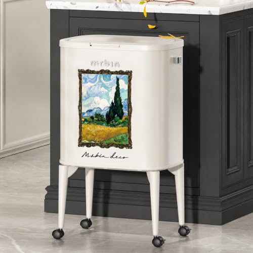 Image of MRBIN Metal Kitchen Trash Can with Wheel Legs, 36L / 9.5gal Medium Press Lid Slim Removable Waste Basket, Pet Proof Tall Narrow Garbage Pail for Vanity, Bedroom, Bathroom, Living Room, Wheatfield