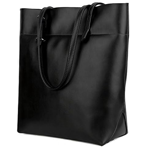 YALUXE Women's Work Tote Bag Hobo Shoulder Handbag Adjustable Straps Large Compartent Fits 13 Inches Laptop Real Leather Dark Black Cover