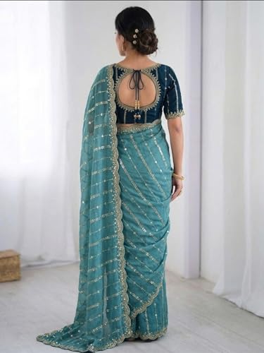 Image of SIRIL Women's Shimmer Georgette Scalloped Border Sequins Embroidery Saree with Unstitched Blouse Piece