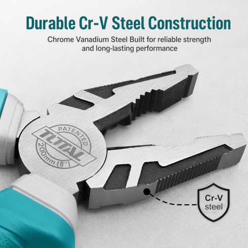 Image of TOTAL 8 Inch Combination Plier, 200mm Heavy Duty CR-V Steel Cutting Pliers with Hardened Cutting Edge, Anti-Rust Finish & Comfortable Grip Handle for Gripping, Twisting, Bending & Wire Cutting