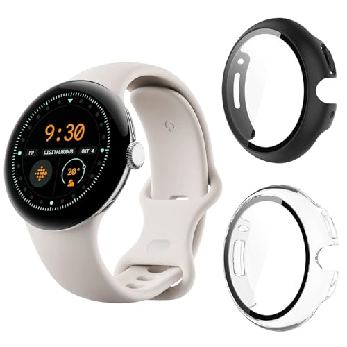 Aerku Funda Compatible con Google Pixel Watch 3 41mm/Pixel Watch 2/Pixel Watch, Anti-Choque Parachoques Anti-rasguños PC Marco Cristal Templado Protector de Pantalla Funda - Transparente&Negro