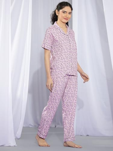 Image of KOTTY Women's Printed Satin Night Suit Shirt & Pyjama Set
