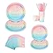 DAOUZL 80 PCS Vajilla De Fiesta, Juego De Vajilla Desechable, Juego de Vajilla para Fiestas, Platos de Cumpleaños Vajilla de Cumpleaños Arcoíris para Platos Tazas Servilletas Pajitas(16 invitados)