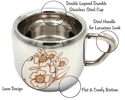Image of BLeaf Stainless Steel-Tea /Coffee /Milk Cups (Set of 6) 100ml Each (Laser Design)