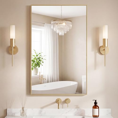 Image of NEWBULIG 24 inchx40 inch Wall Mirror, Bathroom Mirrors for Over Sink, Gold | Matte Metal Framed Vanity Mirror with Tempered Glass, Entryway, Living Room, Bathroom