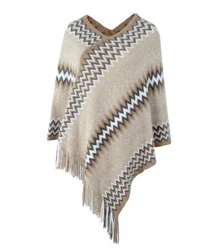 Women's Soft Knitted Zig Zag Patterned Tassel Batwing Poncho Sweater Pullover Wraps Cape