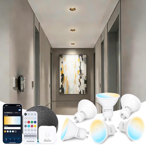 Aigostar Mesh - 6.5W GU10 Alexa Glühbirne Bluetooth Mesh, Smarte Glühbirne Funktioniert mit Alexa, GU10 LED Smart Bulb 555LM CCT(2700K-6500K), 6 Stücke (mit Bluetooth-Fernbedienung und Gateway)