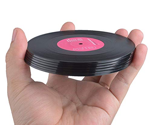 Coasters For Drinks By Hirun - Set Of 6 Vinyl Record Retro Music Coasters - Art Car Bar Tea Coffee Table Mug Beer Bottle Beverages Absorbent For Wine Glass Rubber Black Cup Mat - Large 4.2 Inch Size #TOP3
