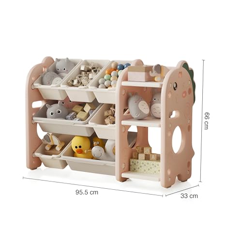 Image of oddpod Dino Kids Toy Organizer Storage Racks with Bins, Cute Cartoon Montessori Plastic Bookshelf for Children & Bedroom Shelf for Baby Hardline Toys, Books, Clothes & Games - Pink (5+2 Bins)