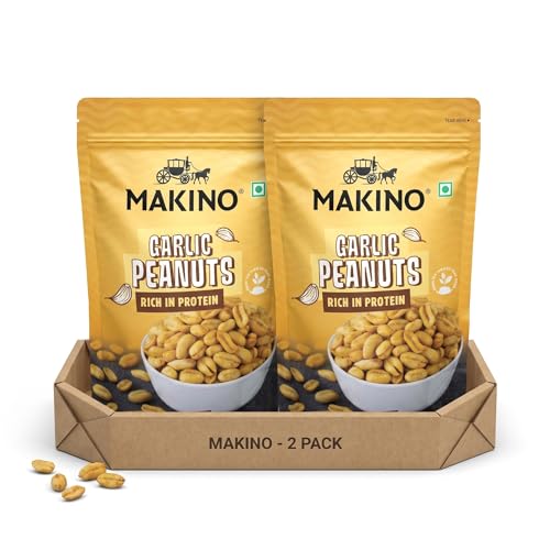 Image of Makino Garlic Roasted Peanuts | Premium Raw Roasted Peanut Snacks Pack of 2 (140gm) | High Protein in Fiber | Gluten Free, Zero Cholesterol | Not Fried Only Roasted Peanuts | Natural Peanuts from Gujrat, No Trans Fat |