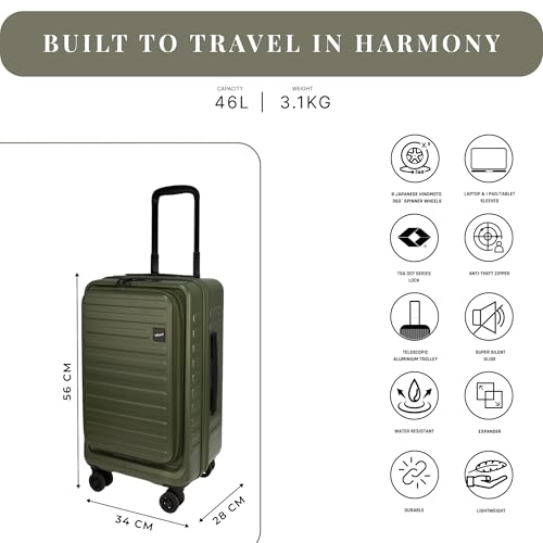 Image of F Gear Windsor Small 56cm German Makrolon Polycarbonate|Japanese Hinomoto Wheel|Front-Opening Trunk-Style Hard Luggage|Cabin Suitcase Travel|Laptop Sleeve, Expandable, Anti-Theft Zipper| Army Green