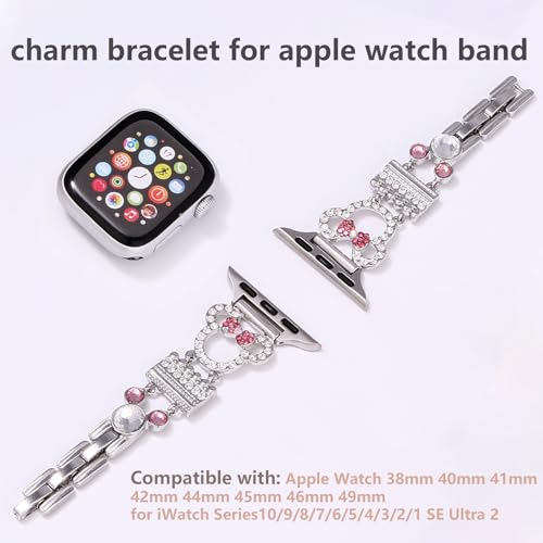 Bling Bracelet Band Compatible with Apple Watch Bands for Women 46mm 40mm 41mm 38mm 44mm 45mm 42mm 49mm, Cute Cartoon Dressy Jewelry Charm Metal Strap for iWatch Ultra 2 Series 10/9/8/7/6/5/4/3/2/1/SE (38mm/40mm/41mm, Cartoon Silver) by CYKIMJIT - Used condition - Image 3