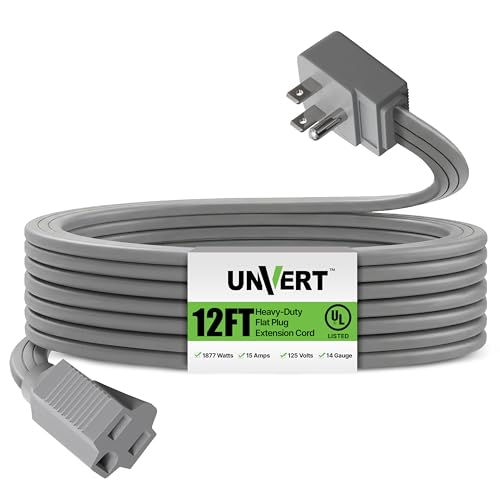 Heavy Duty Flat Extension Cord, 12 Ft Wire Gray Flat Plug Extension Cord for Air Conditioner...