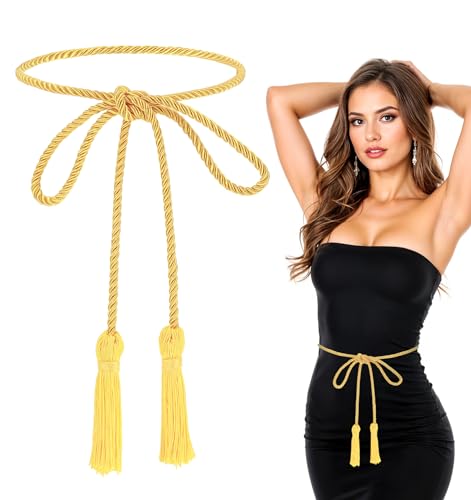 Gold Rope Belt, 2 Pcs 67 Inch Long Braided Tassel Belt, Rope Belts, Tie Belts for Women Skirt Dress Toga Accessories (Gold)