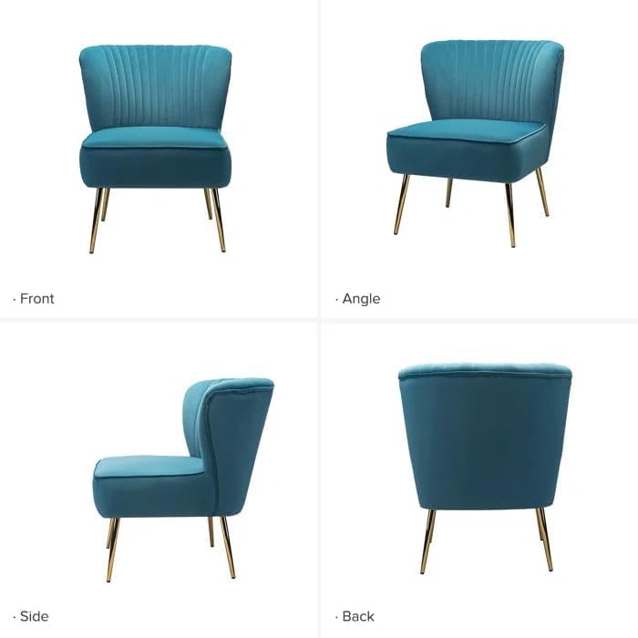 Image of Modern Upholstered Accent Velvet Chair Single Seater Channel Tufted Wing Back Chair with Golden Matel Legs for Living Room, Bedroom, Dining Room, Blue