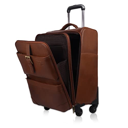 Image of Stylish and Durable Leather Trolley Luggage Bag Perfect for Travel and Business 46 litres Suitcase (TAN, Leather)