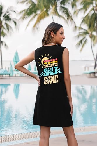 Image of MYHALF Summer Sundress for Women Graphic Mini Tank Dress Sleeveless Beach Dresses Short Casual Sun Dresses Black, XX-Large