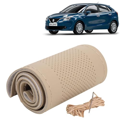 Image of KINGSWAY PU Leatherite Car Steering Cover Sewable Compatible with Maruti Suzuki Baleno (Year 2015-2018), Beige Color with Beige Thread, Pack of 1 with Sewing Needle and Thread