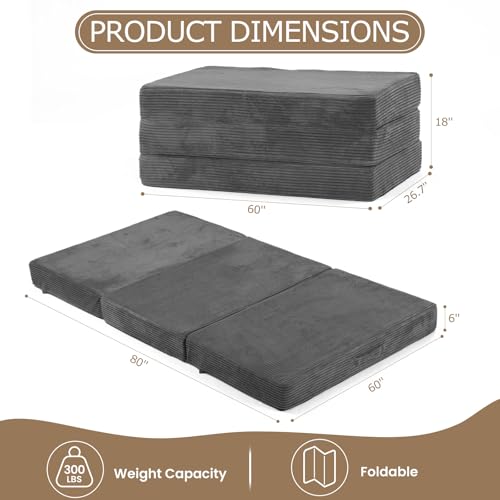 feliz home 6-Inch Tri-Folding Mattress Queen Size - Foldable Futon Sofa Bed with Removable Washable Cover, Folding Futon Mattress | Non-Slip Bottom & Carry Handles for Guest, Camping, Dorm