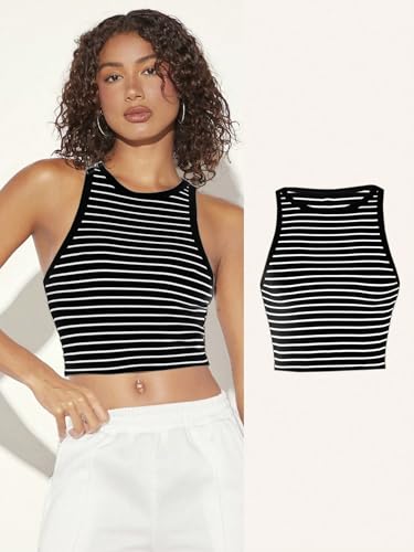 Image of Aahwan Women's & Girl's 100% Polyester Black Slim Fit Striped Crop Racerback Tank Top