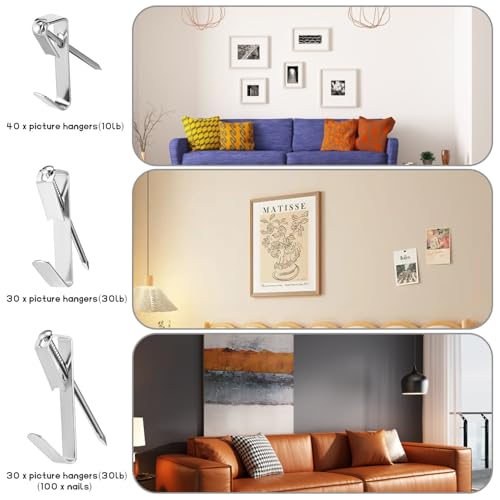 Image of Picture Hangers 200Pcs 1 Set 10 /30 /50lbs Picture Hanging Hooks with Nails Wall Hangers Picture Frame Canvas Mirror Hanging Hardware for Wooden Wall or Drywall