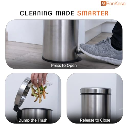 Image of Bonkaso 5L Stainless Steel Pedal Dustbin with Lid & Plastic Inner Bucket (7x11 Inch) | Foot Operated Garbage /Trash Can For Home, Kitchen, Bathroom & Office | Rust Proof Round Waste Bin (Silver)
