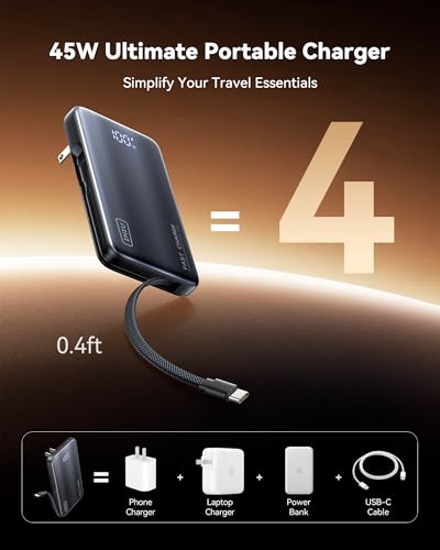 INIU 3-in-1 Portable Charger, 45W 10000mAh Fast Charging Power Bank, Built-in USB C Cable & Foldable Wall Plug, Travel Essentials, Battery Pack for iPhone 17 16 15 Series, Samsung, MacBook, Champagne - Image 2