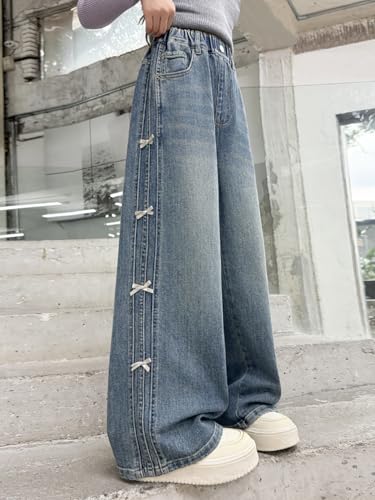 ASHER FASHION Cute Bow Jeans for Girls Casual Wide Leg Denim Jeans Pants Straight Jean Trousers Fall Streetwear Girl Clothing2