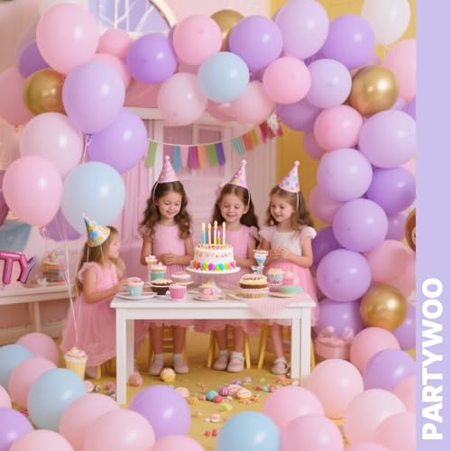 Image of PartyWoo Pink Purple and Gold Balloons 66pcs 12 Inch Baby Pastel Light Pale Pink Purple Metallic Gold Balloons for Graduation Baby Shower Birthday Butterfly Anniversary Princess Party Decorations