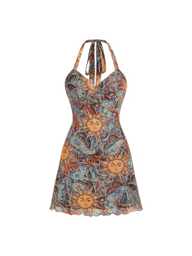 Milumia Women's Vintage Tie Back Halter Dress Boho Print Mesh Short Dresses