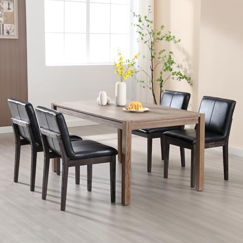 Farmhouse Wooden Dining Chairs with Rectangular Backrest, Mid Century Linen Fabric Upholstered Dining Room Side Chairs Set of 2 for Kitchen Island/Living Room/Restaurant, Beige