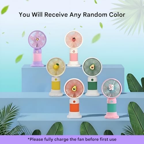 BISOKE Portable Handheld Mini Fan with Table Stand, USB Rechargeable Cute Fruit & Cartoon Pocket Fan for Kids, Girls, School & Travel (Assorted Multi-Color, Pack of 1)