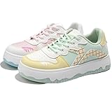 Y2K Sneakers Cute PU Leather Mismatched Colorful for Women Casual Wear with Unique Ice Cream-Inspired Design (Green+Pink,9.5)