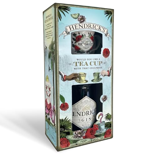 Hendrick’s Original Geschenkset, 70 cl – der kurios-köstliche Spirituose mit Rosen- und Gurkenessenzen | Geschenkset mit Teetasse und Untertasse für ungewöhnliche Gin & Tonics