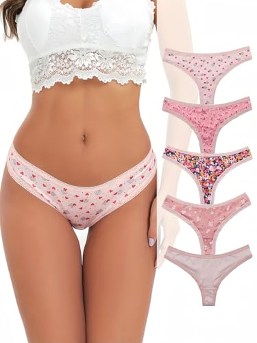 Morvia 5-teiliges Set Damen Sexy Coquette Kontrast-Spitze Herz Blumendruck Strings Süße Valentinstags-Komfort-Intimwäsche Höschen, L