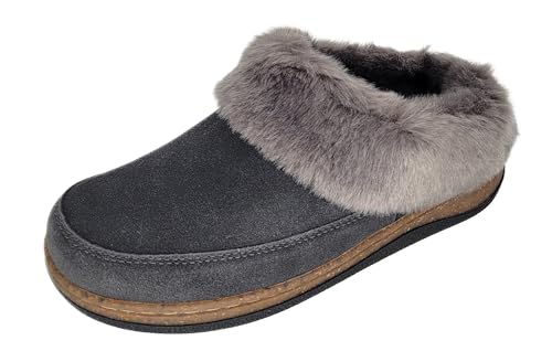 Clarks Womens Slipper Suede Leather Scuff Toe - Plush Faux Fur Collar/Lined With A Cork Midsole - Open Back Indoor Outdoor House Slippers For Women (Grey US 9)