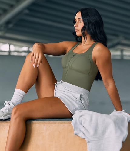 Image of TrainingGirl Zip Front Closure Longline Sports Bras for Women - Workout Crop Tank Tops Yoga Camisole Criss Cross Back