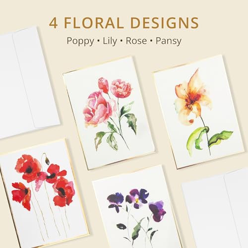 Image of Graphique Watercolor Flowers Greeting Cards | 20 Pack | All Occasion Blank Note Cards with Envelopes | 4 Assorted Floral Designs with Gold Foil Borders | Boxed Set for Personalized Notes | 4.25 inch x 6 inch