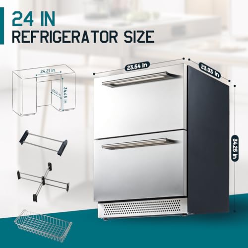 Albott 24 Inch Under Counter Drawer Fridge – Stainless Steel Beverage Refrigerator with Dual Drawers, LED Touch Control, Adjustable Storage, Frost-Free, Low Noise, 34-72℉, for Indoor or Outdoor Use - Image 8