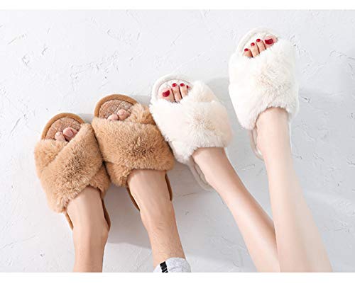 Humiwa Coffe Women's Cross Band Slippers Soft Open Toe Furry Cozy Fur House Slippers Memory Foam Sandals Slides Soft Anti-Slip On Home Slippers For Girls Men Indoor Outdoor #TOP3
