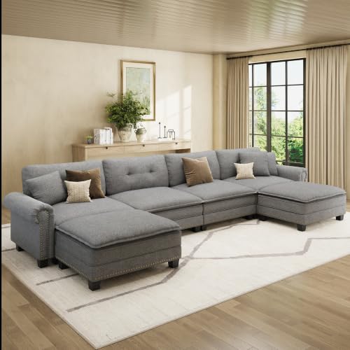 Image of HERA'S HOUSE 150 inch Oversized U Shaped Modular Sectional Couch Living Room | Mid-Century Modern 6-Seater Cloud Sofa, Dark Gray, Rolled Arms & Nailhead Trim, Wider & Deeper Seats, Ottoman, Linen