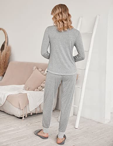 Ekouaer Pajamas Soft Loungwear Set Women's Long Sleeve Pullover Sleepwear Comfy Pj Set With Pockets 3X-Large Light Grey #TOP4
