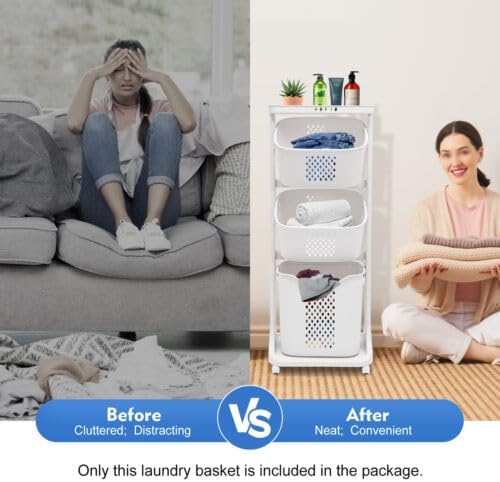 Laundry Basket Storage, 3-Layer Stackable Laundry Basket System PP Rolling Storage Cart, Multi-purpose Laundry Basket with Universal Wheel Vertical Laundry Sorter for Dirty Clothes Basket