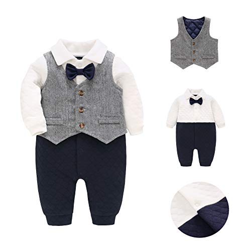 Image of Feidoog Newborn Gentleman One Piece Long Sleeve Baby Boys Gentleman Formal Tuxedo Outfit Suit,Thick Gray,0-3M