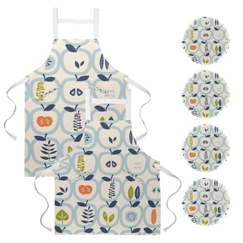 Tablier de cuisine lot de 2 réglable avec motifs fruits et feuilles pour la pâtisserie