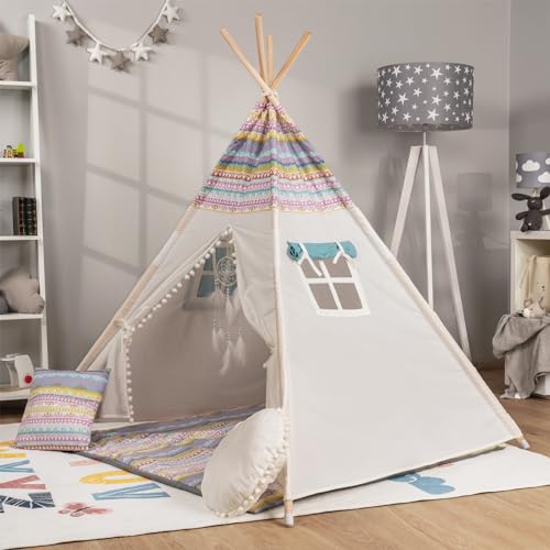 Paco Home Tente pour Enfants Tipi Chambre d'enfant Chambre De Jeu Intérieur Robuste Wigwam Différents Motifs, Couleur:Blanc 2, Sets:avec Accessoires