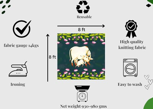 Image of Cow Backdrop Cloth Decoration| Cow Backdrops for Home Decoration Pooja House Warming, Functions (pichwai Backdrop Cloth for Decorations 8x8 feet Dark Green) (Knit Fabric) pongal Decorations backdrops