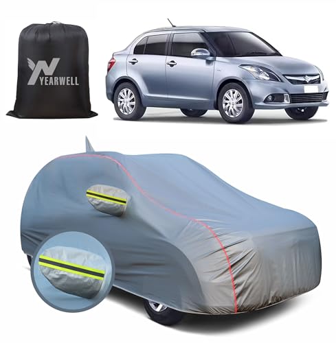 Image of Car Body Cover for Maruti Dzire (2012-2016), 100% Waterproof, Heat-Resistant with Mirror & Antenna Pockets, Soft Cotton Lining, Triple Stitched, Green Reflector (Metallic Grey)