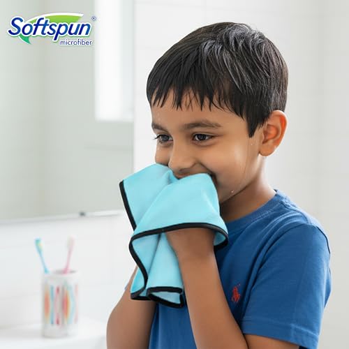 Image of SOFTSPUN Microfiber Baby Hand & Face Wipes 280 GSM 20x30 Cms 4 Piece Towel Set Light Sky Blue! Super Soft & Comfortable for Newborn Baby and Kids Quick Drying Ultra Absorbent in Small Size.
